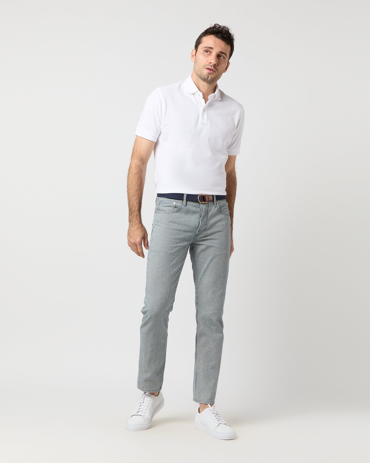 Slim Straight Jean in Indigo Railroad Stripe Twill