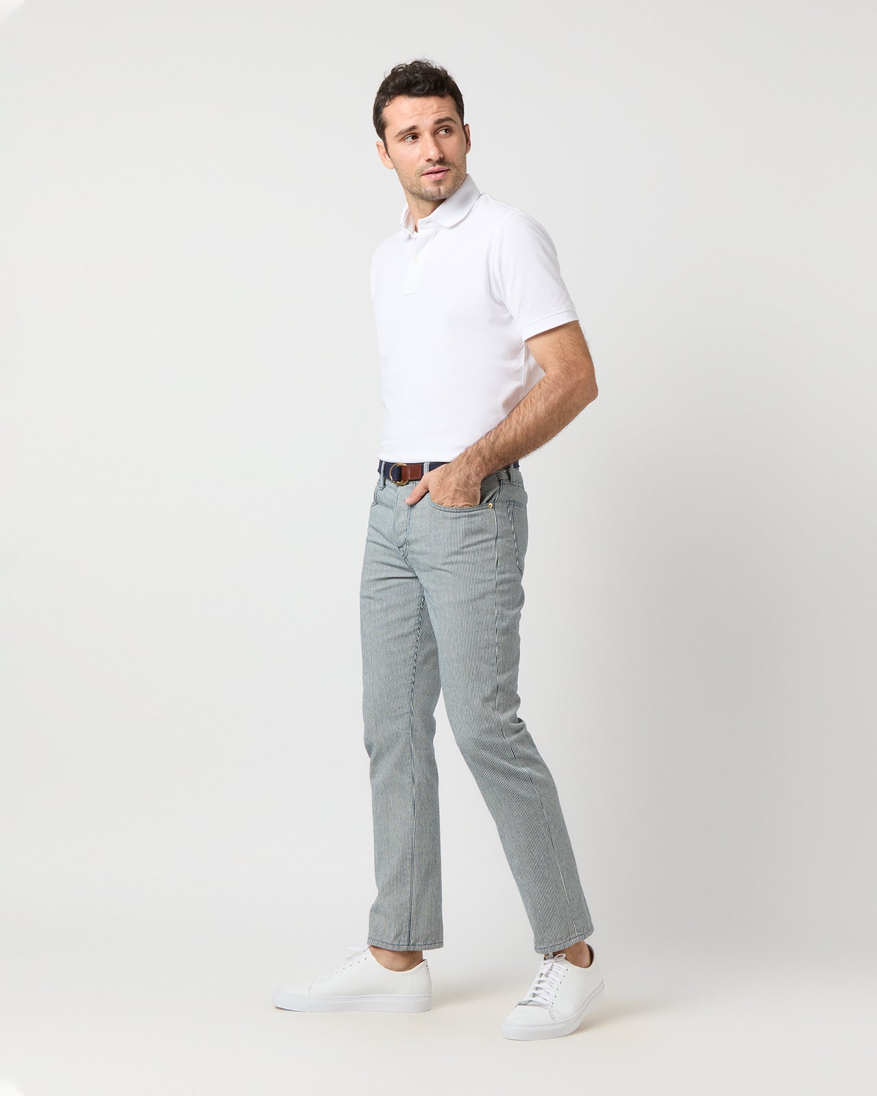 Slim Straight Jean in Indigo Railroad Stripe Twill