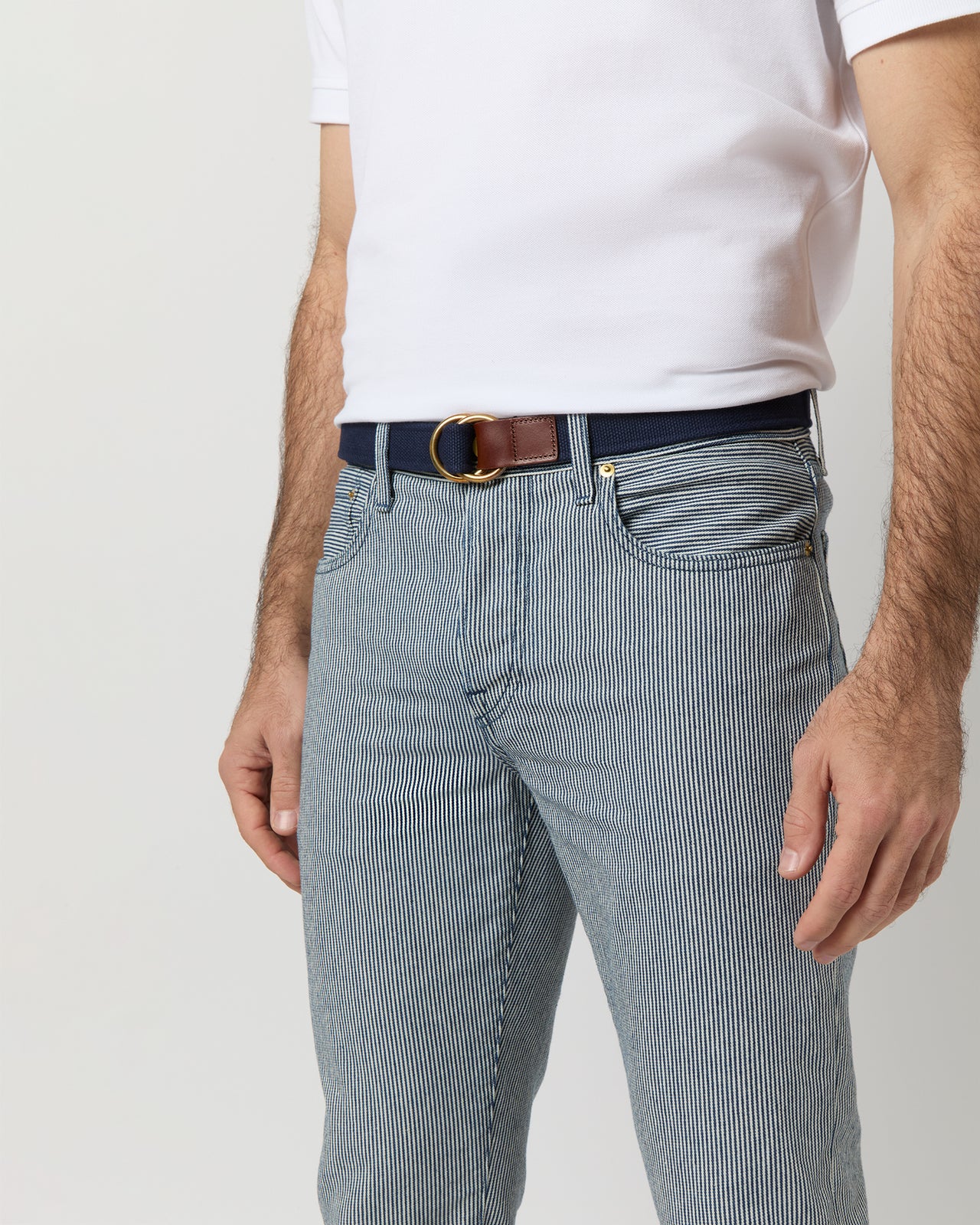 Slim Straight Jean in Indigo Railroad Stripe Twill