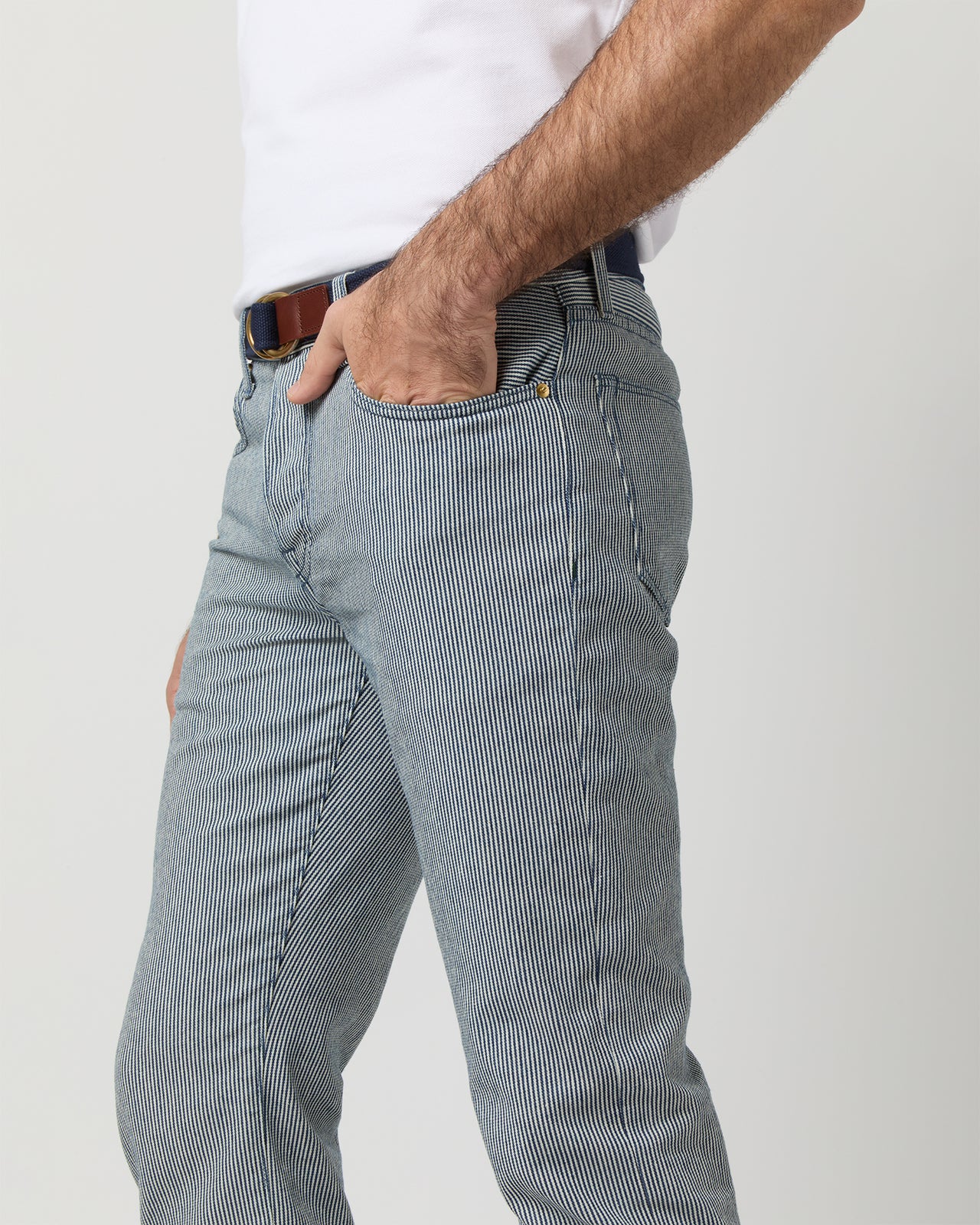 Slim Straight Jean in Indigo Railroad Stripe Twill