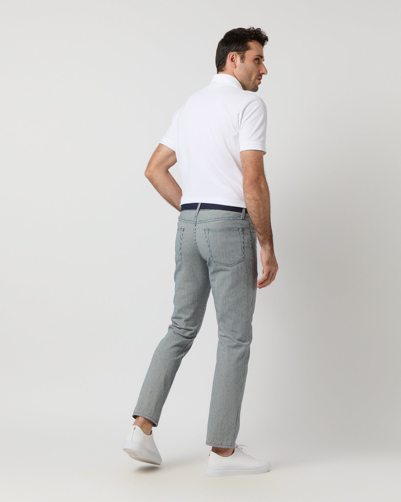 Slim Straight Jean in Indigo Railroad Stripe Twill
