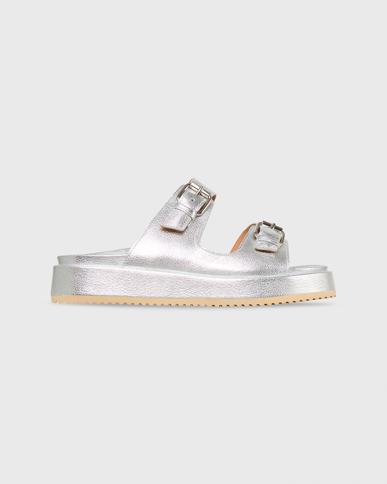 Double-Buckle Platform Slide in Silver Leather