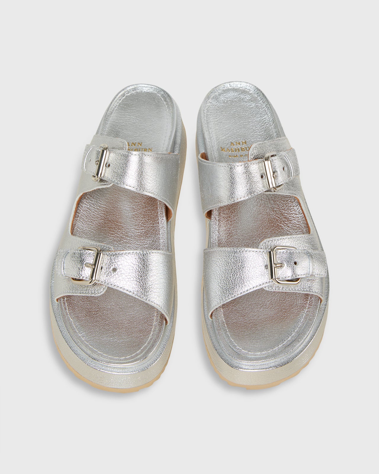 Double-Buckle Platform Slide in Silver Leather