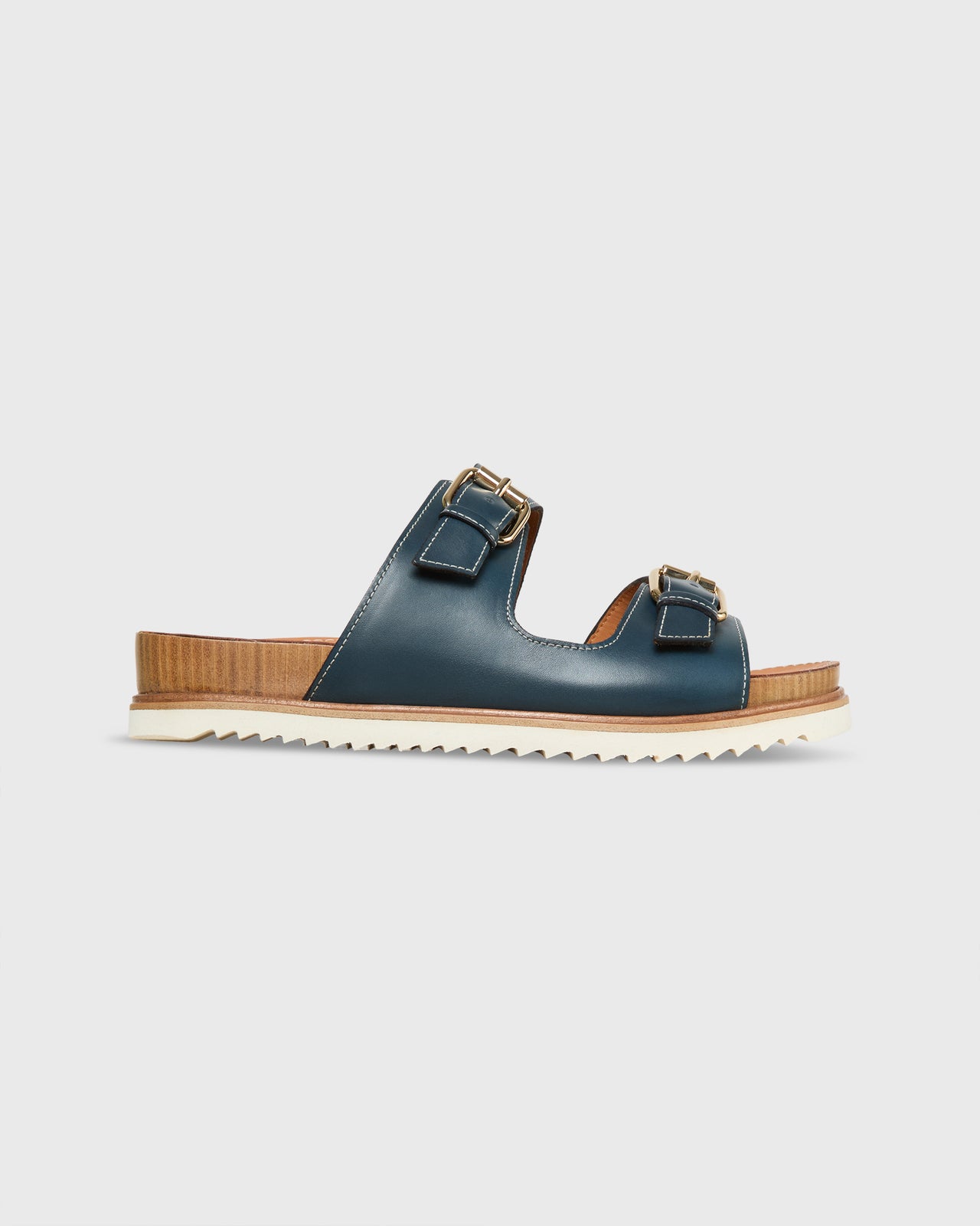 Double-Buckle Platform Slide in Navy Leather