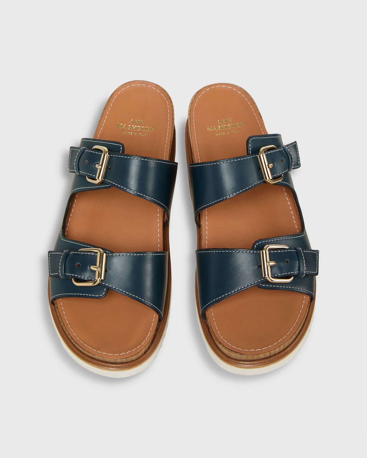 Double-Buckle Platform Slide in Navy Leather