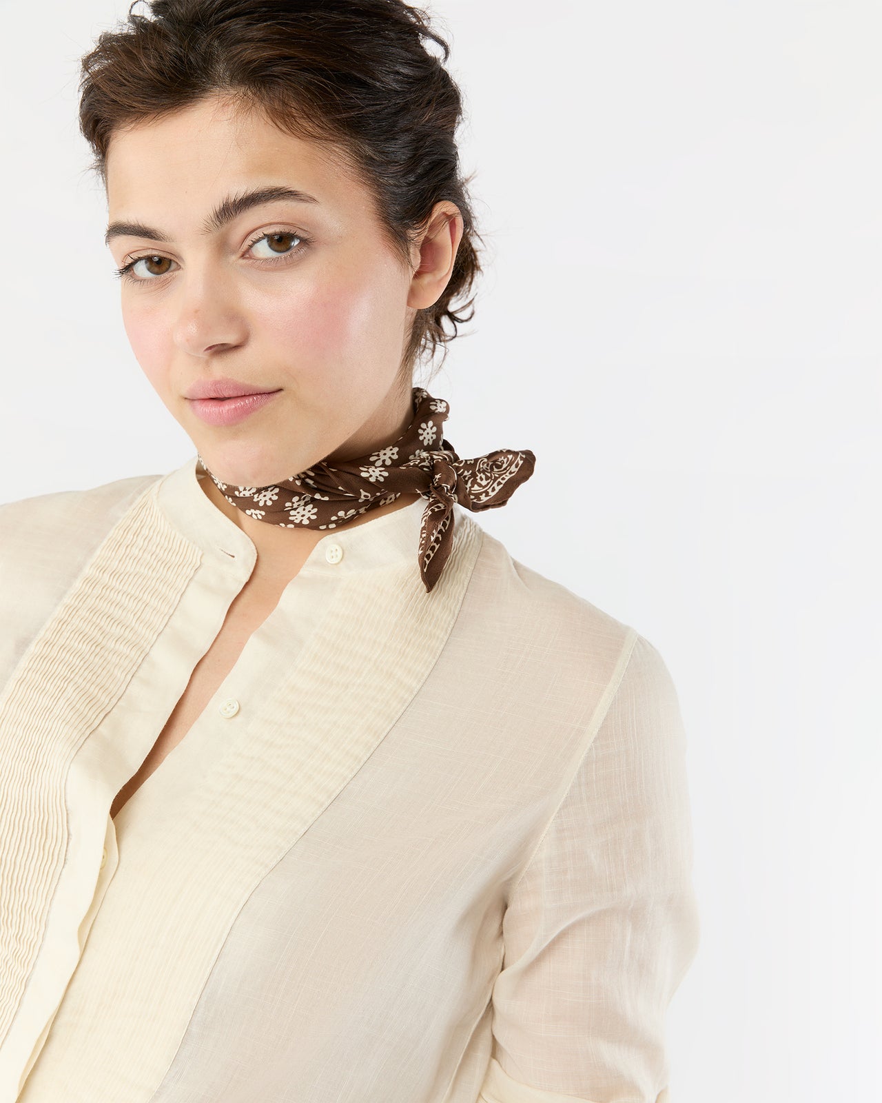 Medium Hand-Rolled Silk Scarf in Brown/Ivory Floral Bandana