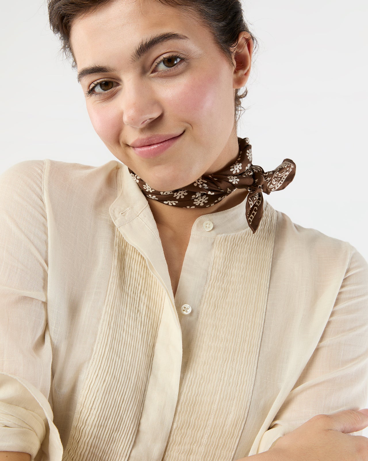 Medium Hand-Rolled Silk Scarf in Brown/Ivory Floral Bandana