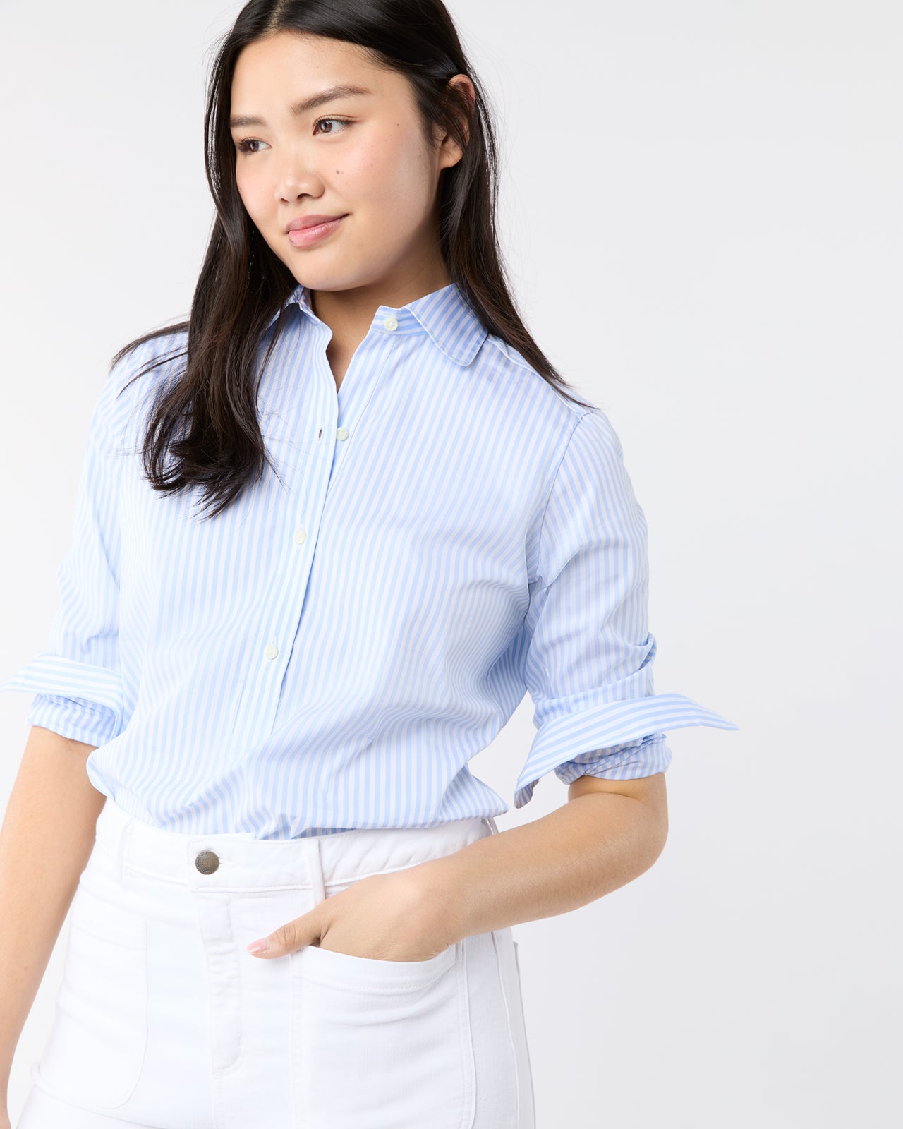 Tomboy Club Popover Shirt in Sky/White Awning Stripe Poplin