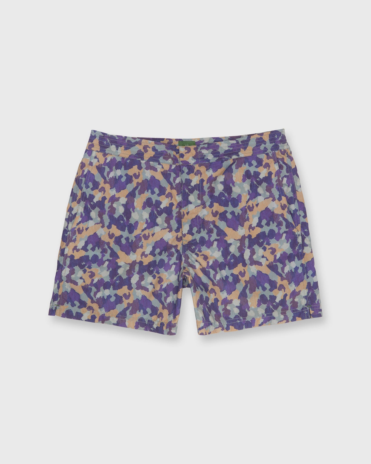 Zip-Front Standard Swim Short in Green/Navy/Brown Camo Printed Nylon