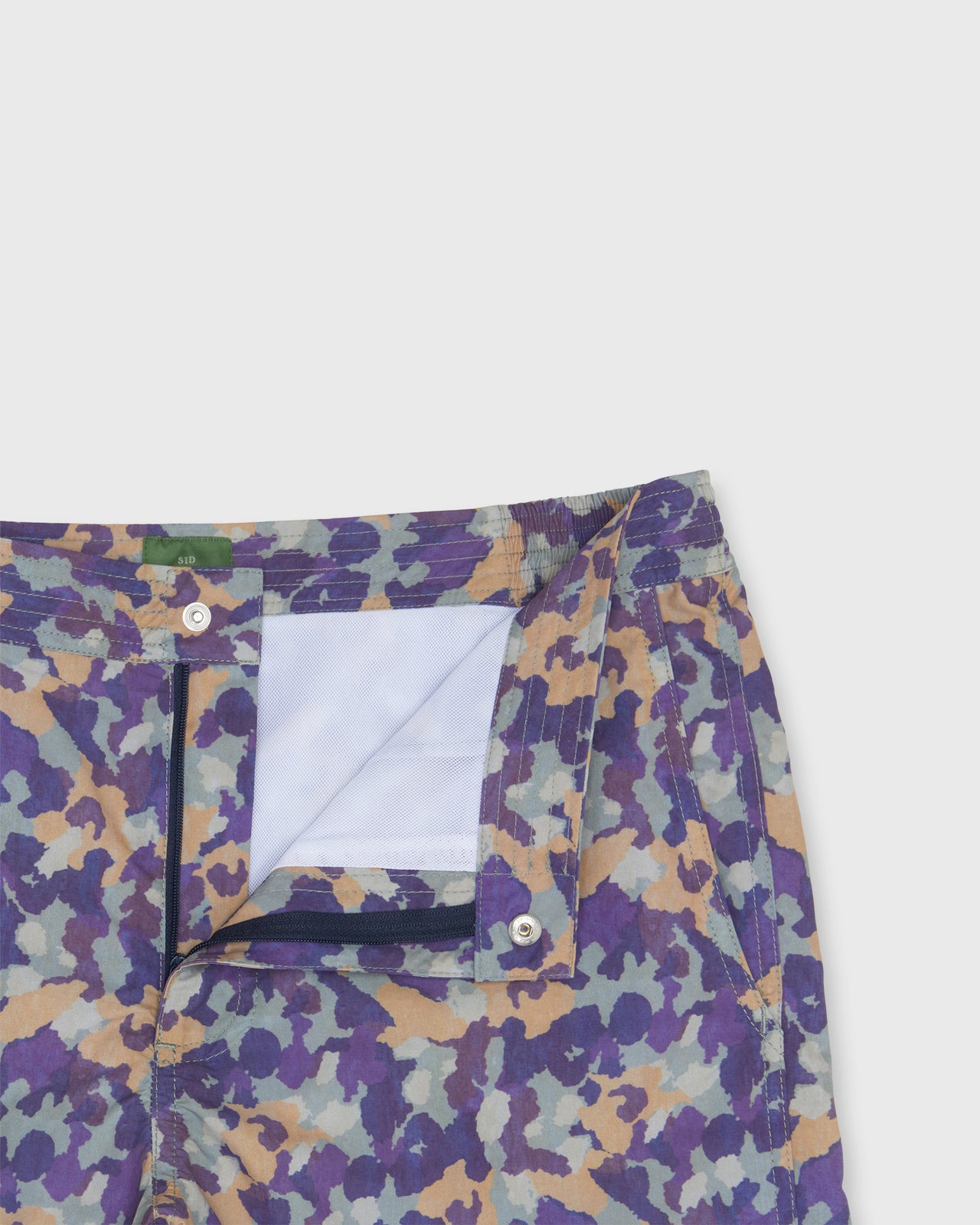 Zip-Front Standard Swim Short in Green/Navy/Brown Camo Printed Nylon
