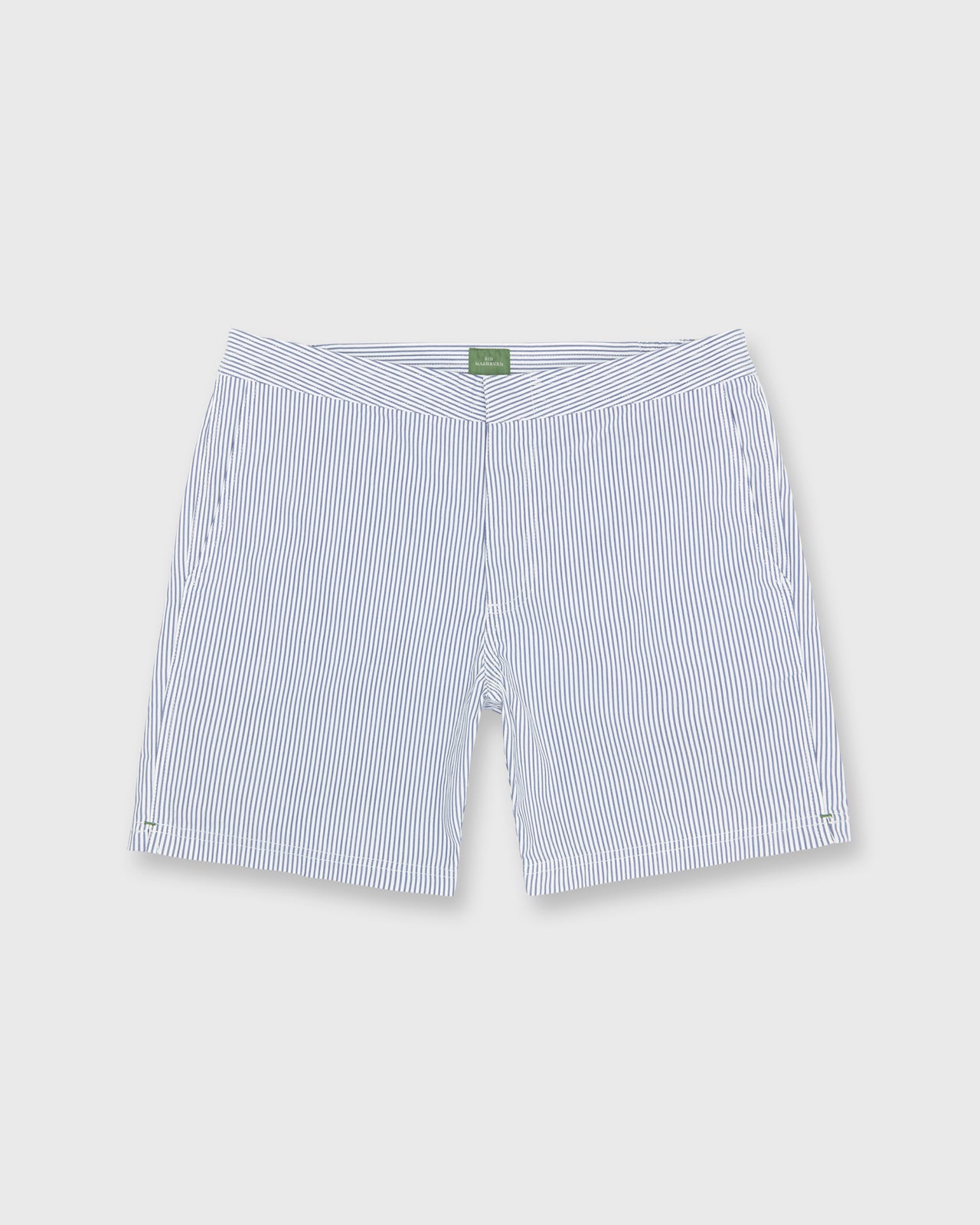 Zip-Front Mid-Length Swim Short in Blue/White Seersucker