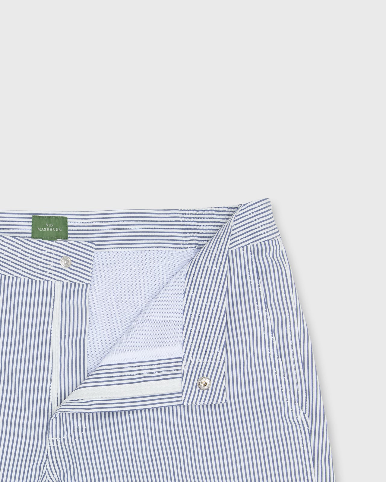 Zip-Front Mid-Length Swim Short in Blue/White Seersucker