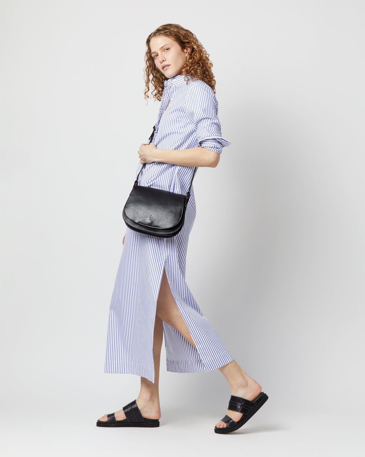 Medium Accordion Clara Crossbody Bag in Black Leather