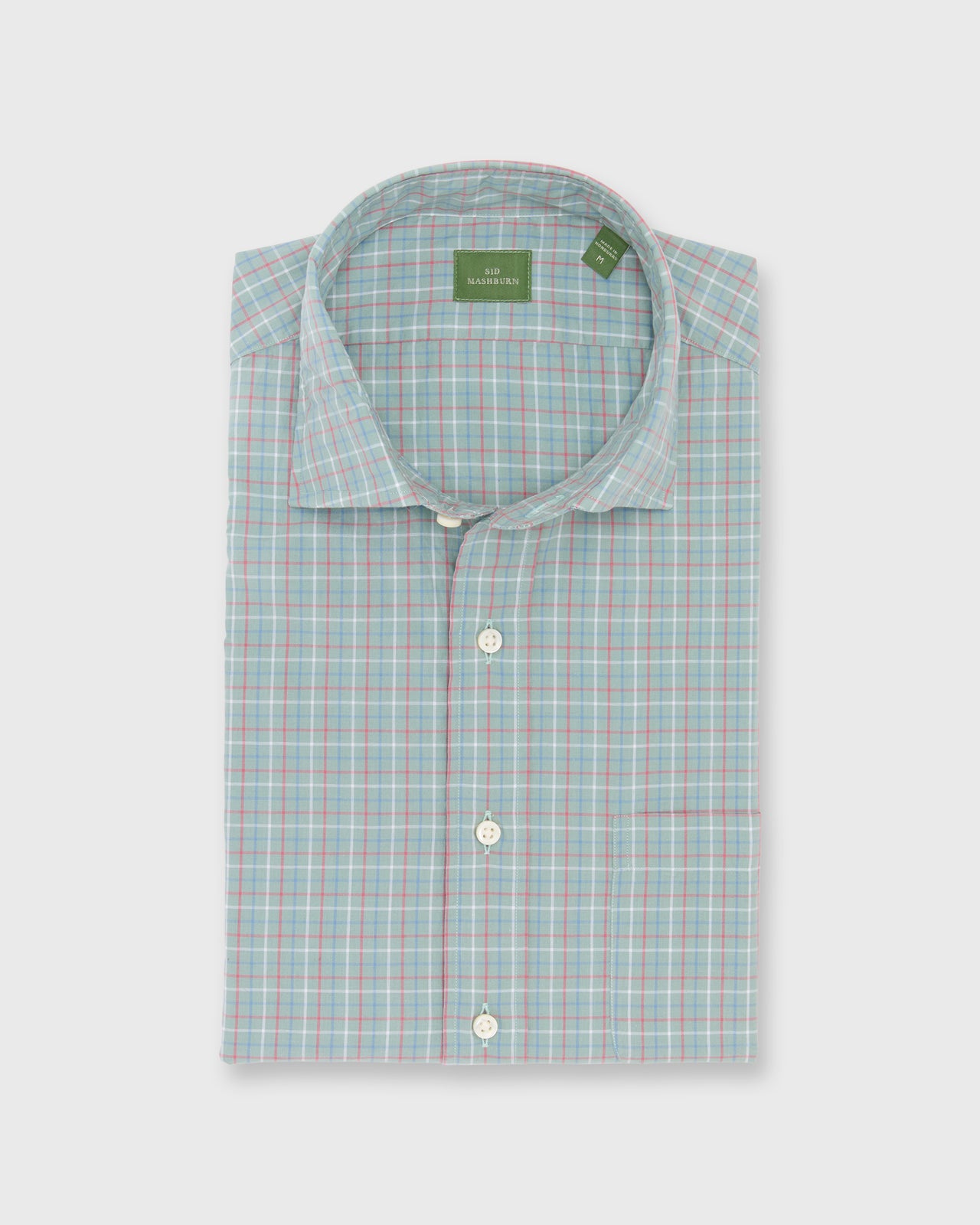 Spread Collar Sport Shirt in Sage/Blue/Red Tattersall Poplin