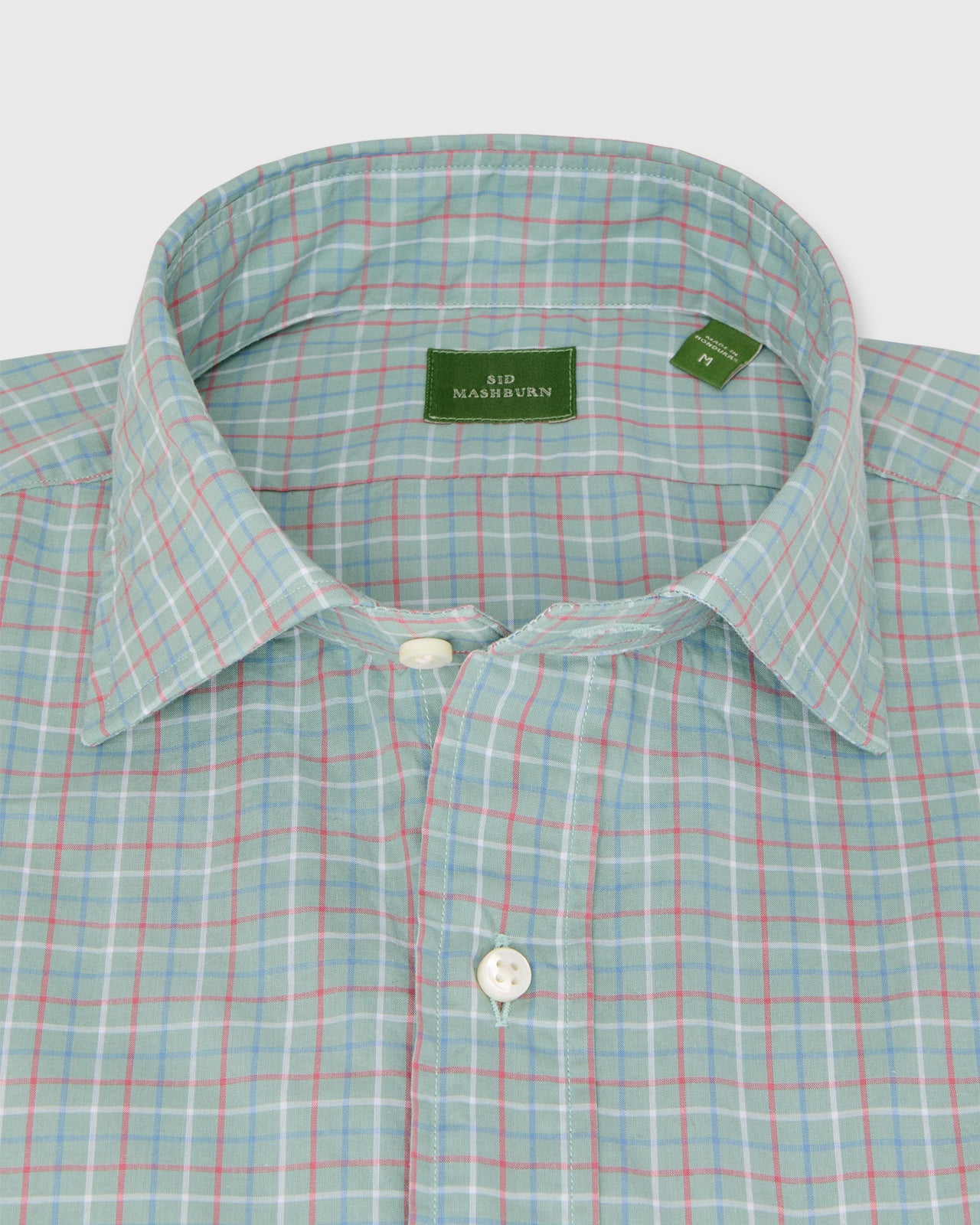 Spread Collar Sport Shirt in Sage/Blue/Red Tattersall Poplin