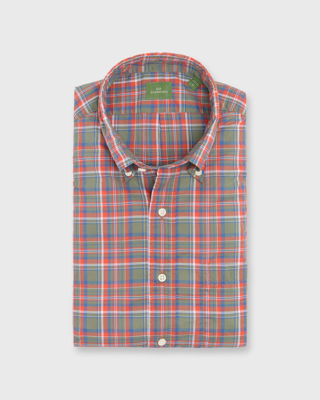 Button-Down Sport Shirt in Red/Olive/Blue Plaid Poplin