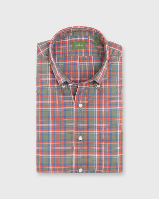 Button-Down Sport Shirt in Red/Olive/Blue Plaid Poplin