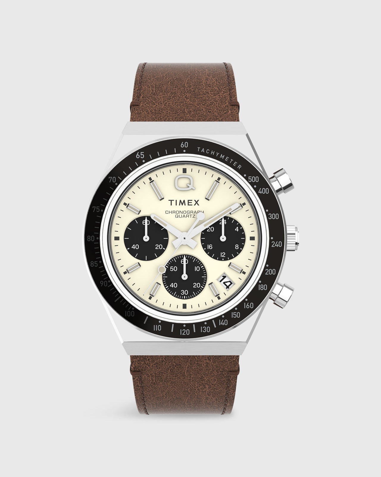 Q Timex Chronograph Watch in Cream/Brown