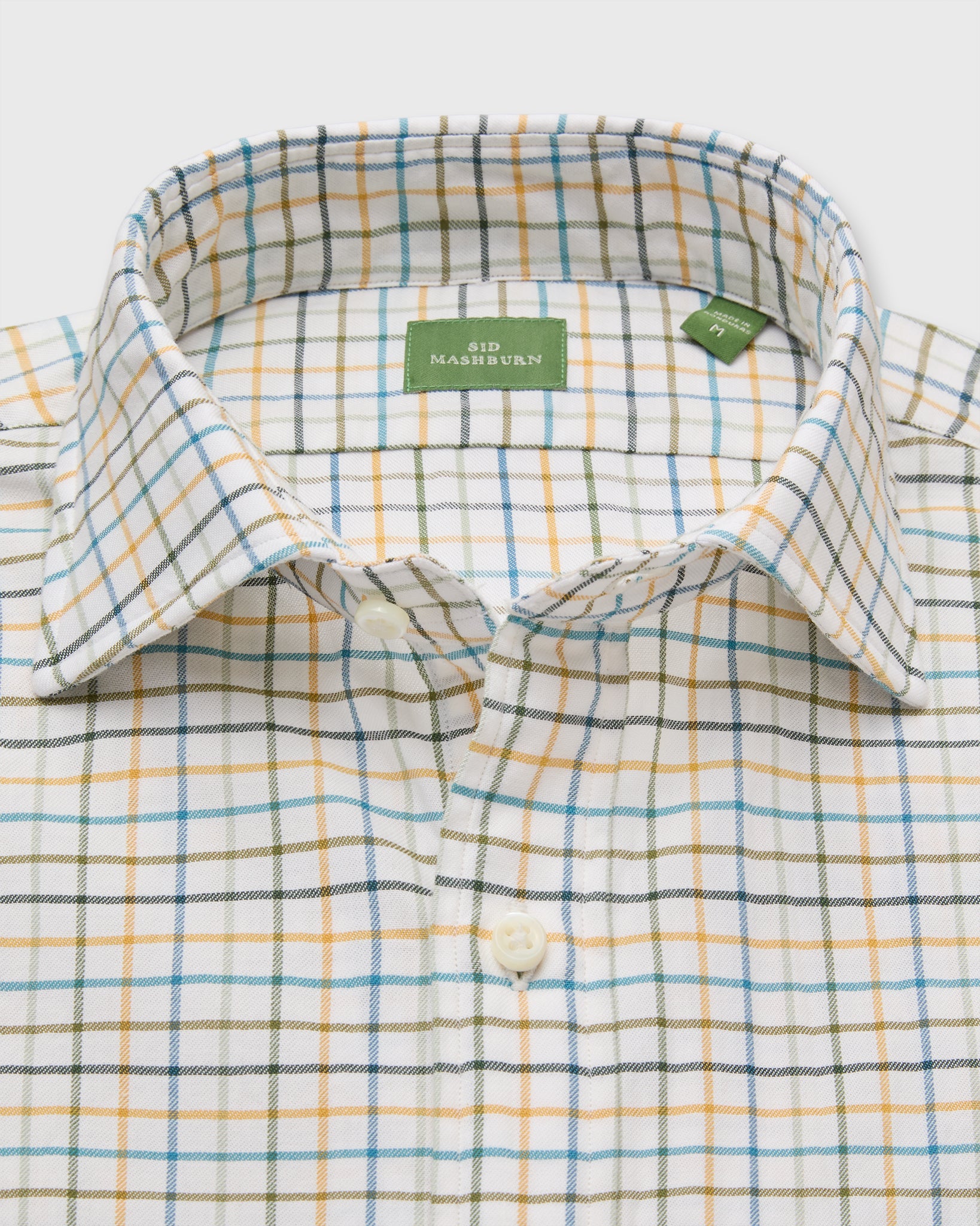 Spread Collar Sport Shirt in Olive/Maize/Aegean Tattersall Twill