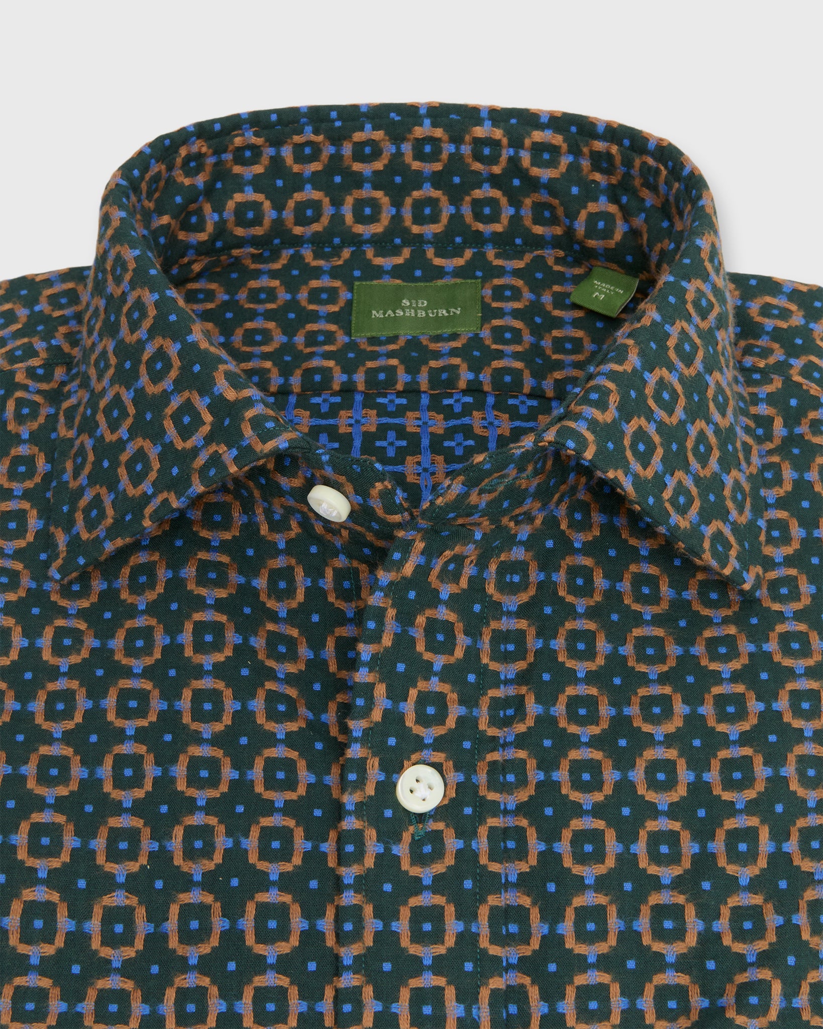 Spread Collar Sport Shirt in Forest/Tobacco/Blue Jacquard Poplin