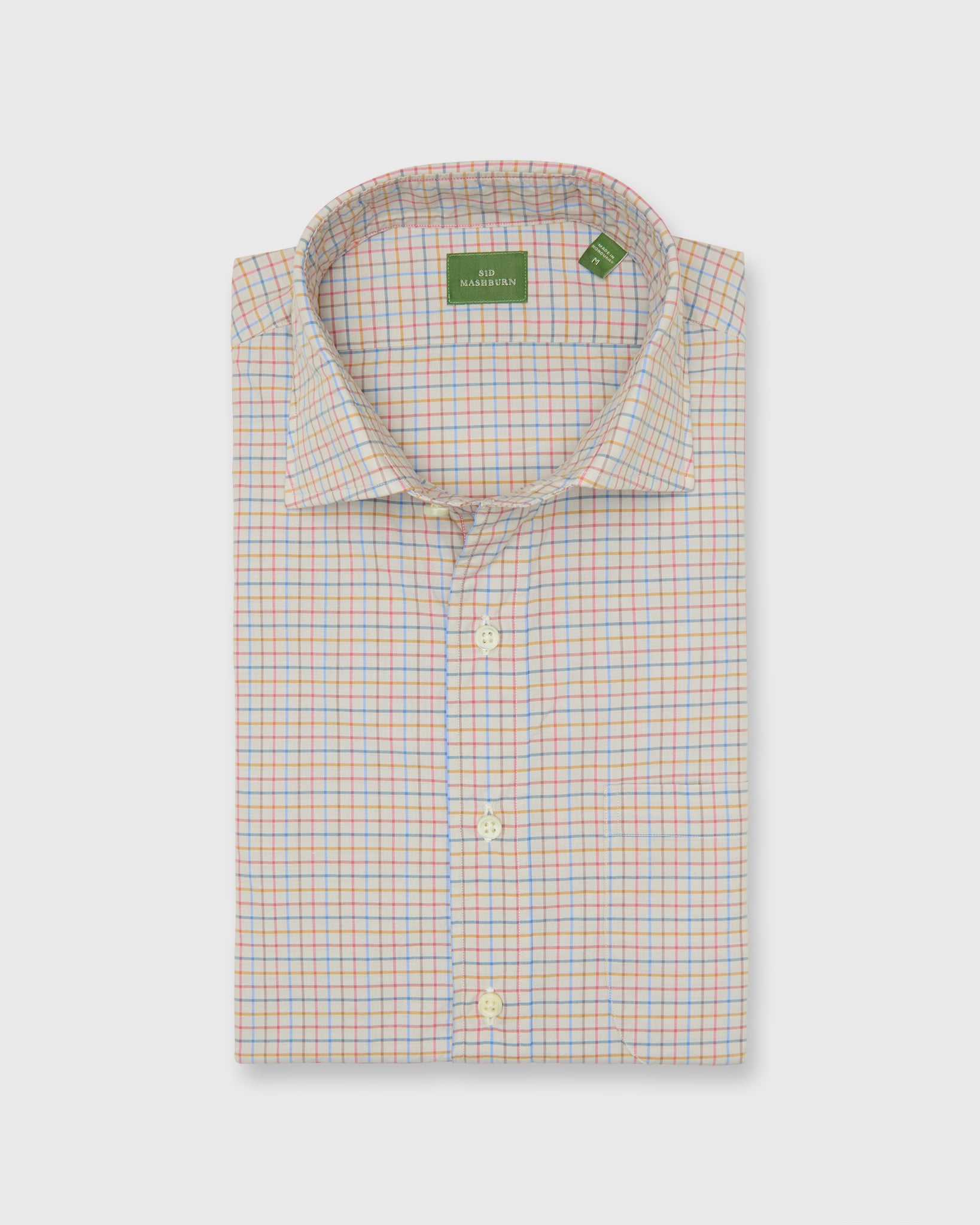 Spread Collar Sport Shirt in Bone/Sky/Berry Tattersall Poplin