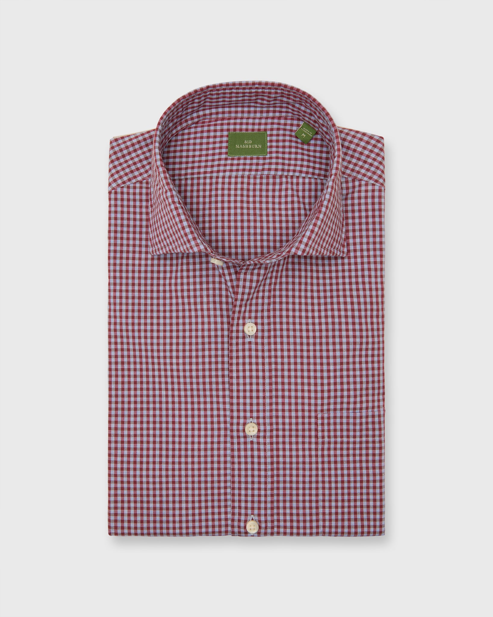 Spread Collar Sport Shirt in Heather Sky/Garnet Gingham Poplin