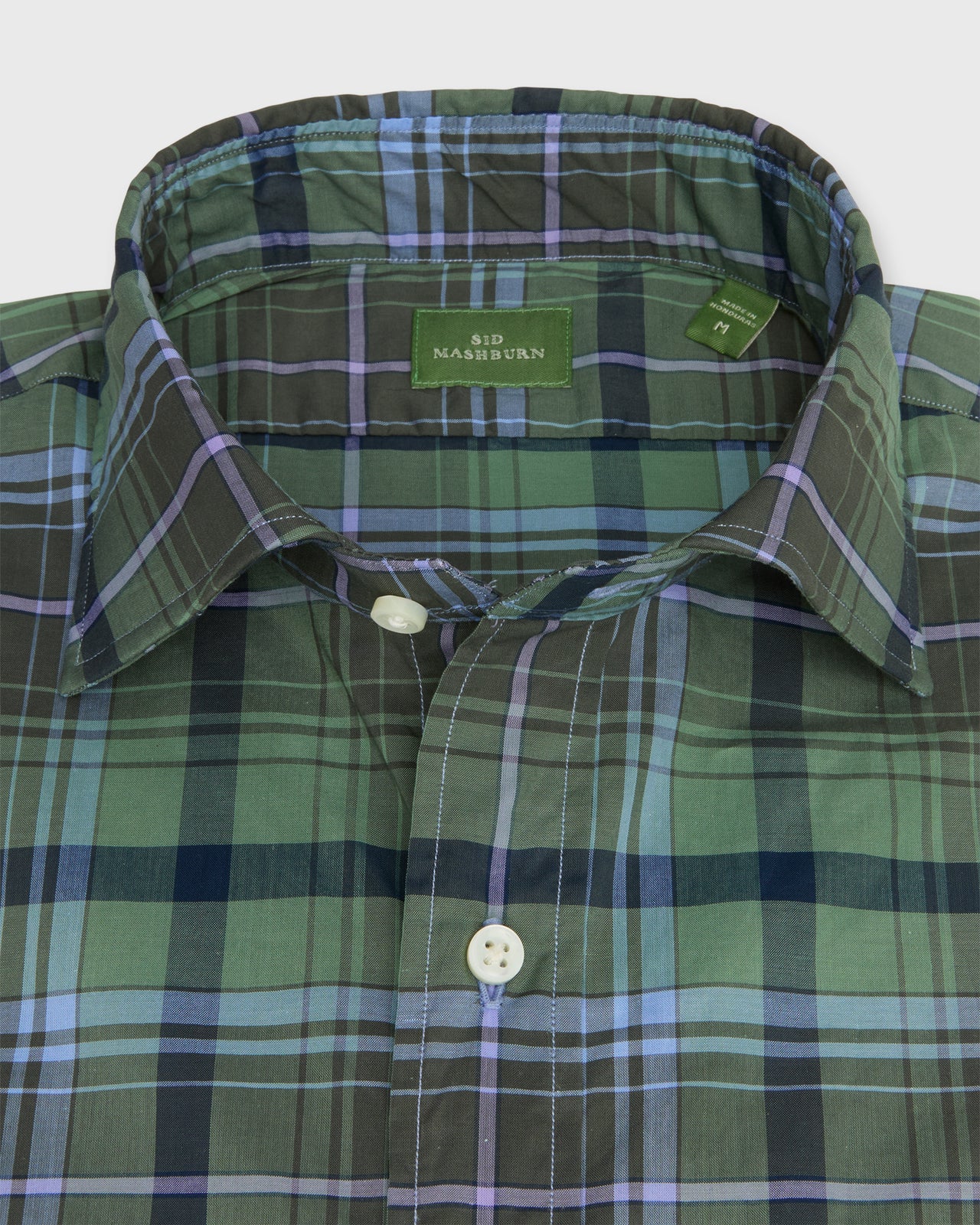 Spread Collar Sport Shirt in Olive/Navy/Lavender Plaid Poplin