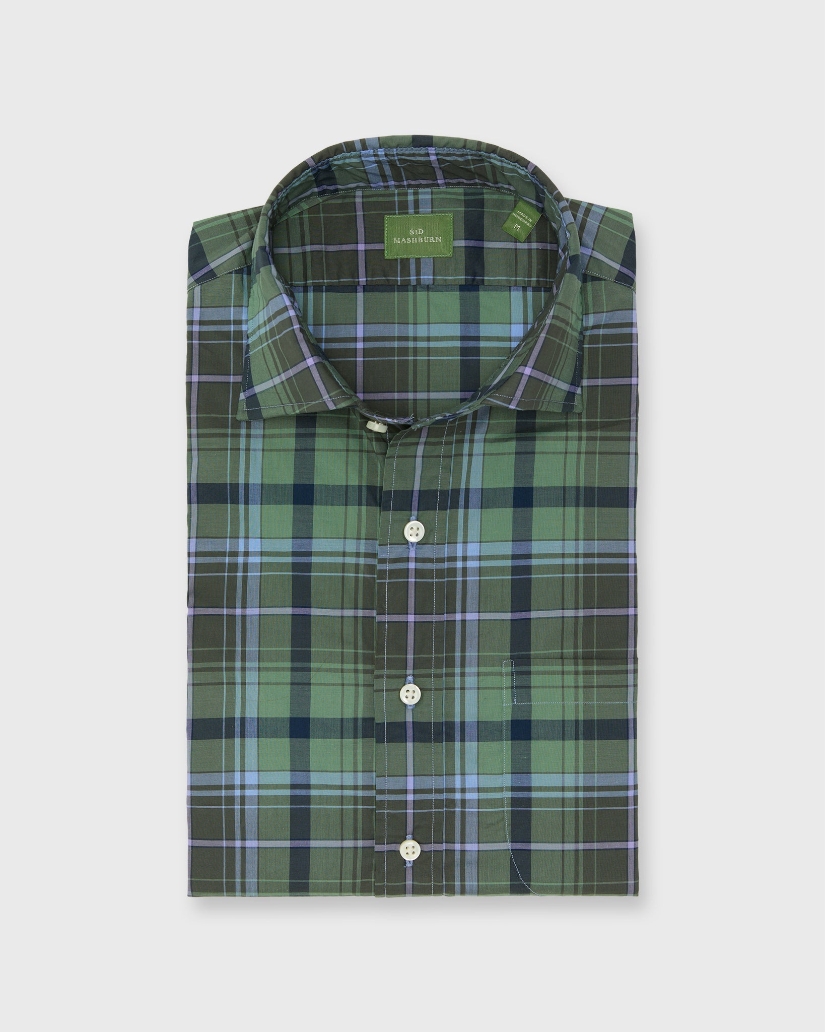 Spread Collar Sport Shirt in Olive/Navy/Lavender Plaid Poplin