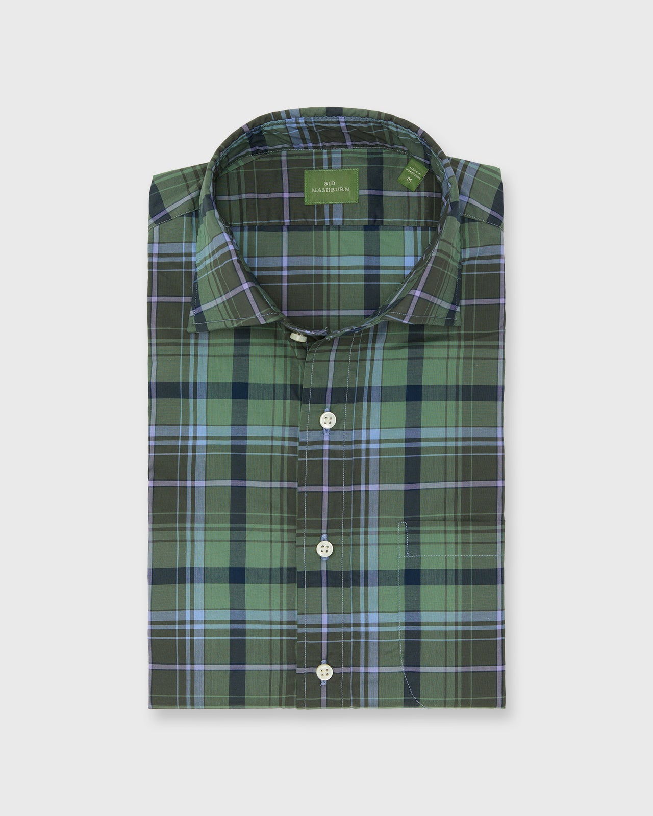 Spread Collar Sport Shirt in Olive/Navy/Lavender Plaid Poplin