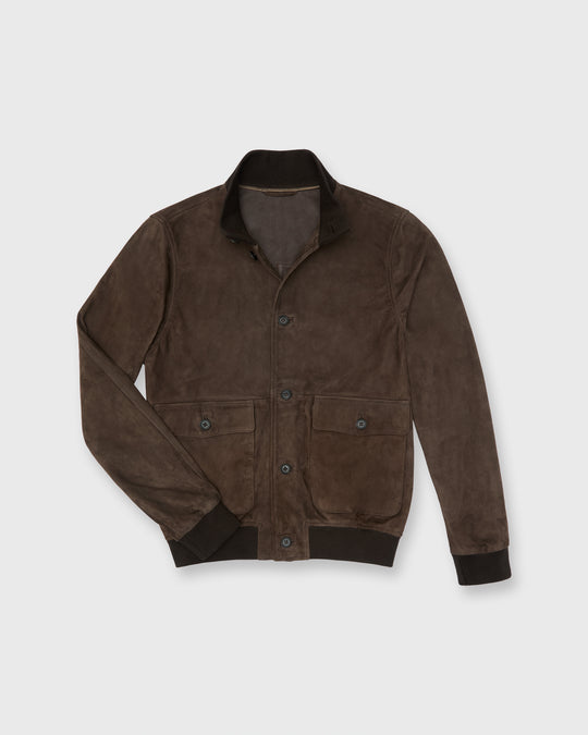 Button-Front Bomber Jacket in Brown Suede