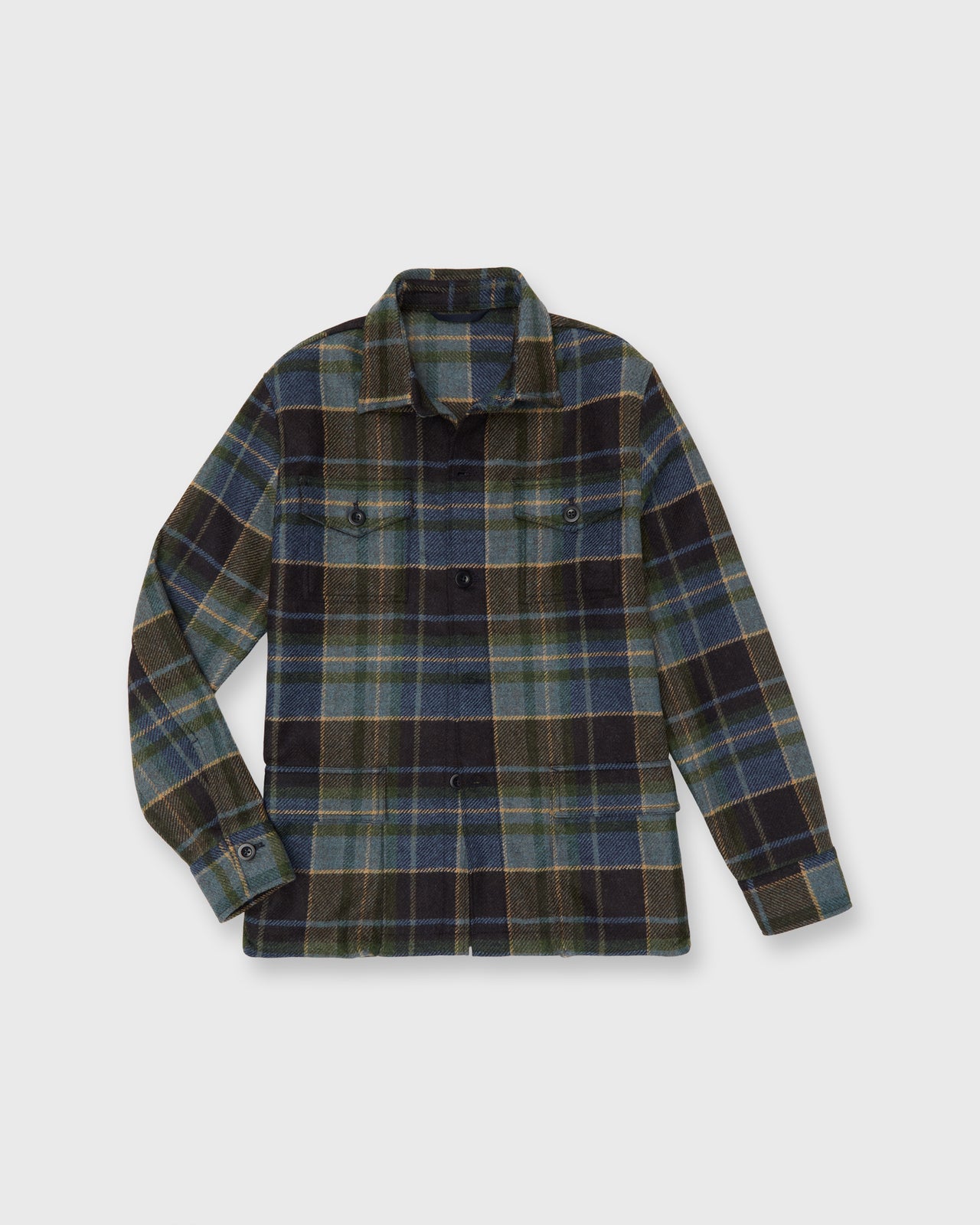 Military Jacket in Blue/Green/Brown Plaid Tweed