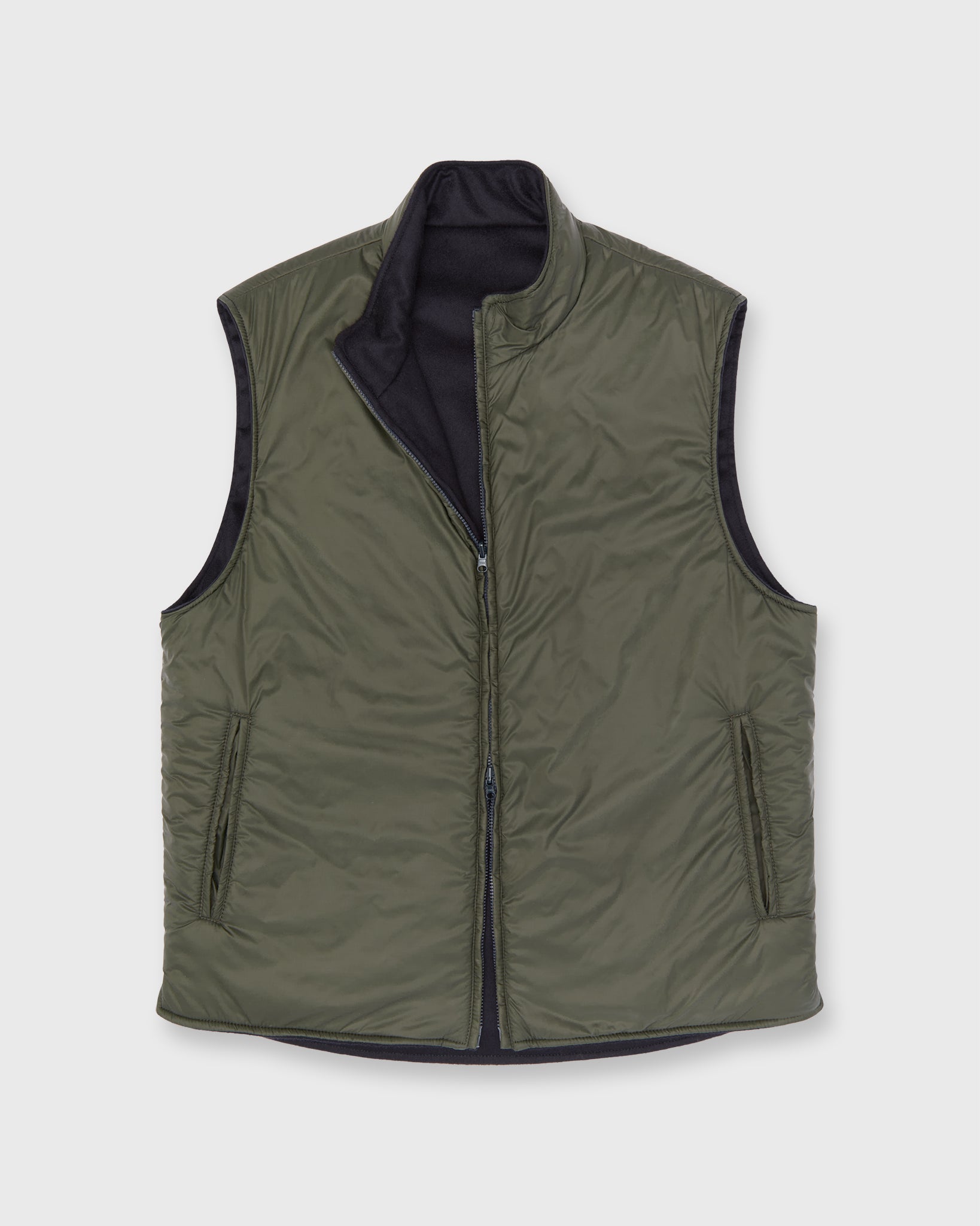 Reversible Cashpad Zip Vest in Olive Nylon/Navy Cashmere Flannel