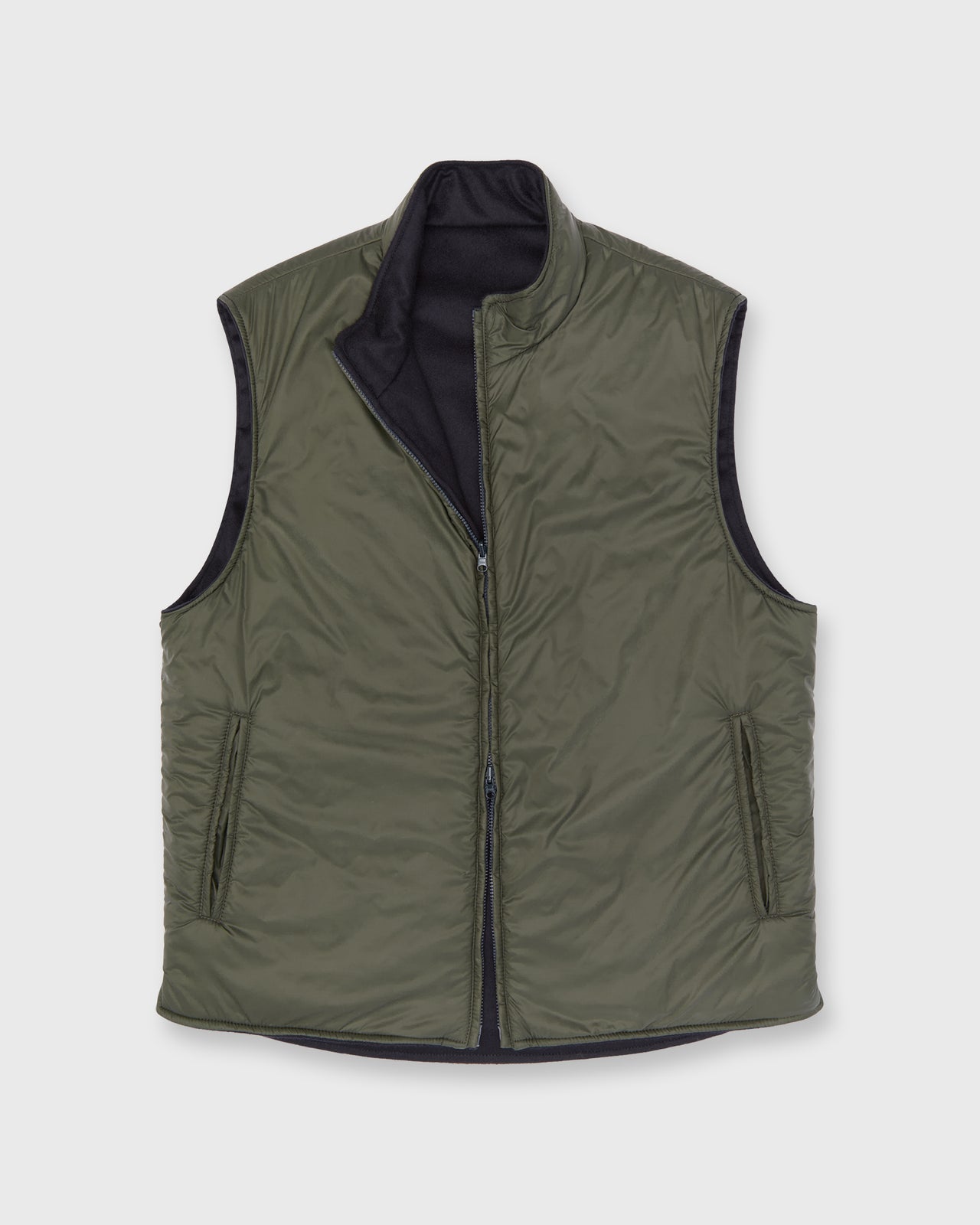 Reversible Cashpad Zip Vest in Olive Nylon/Navy Cashmere Flannel