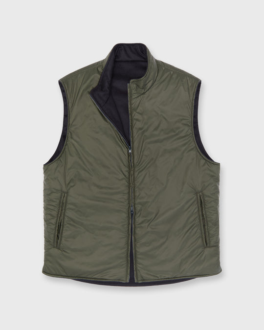 Reversible Cashpad Zip Vest in Olive Nylon/Navy Cashmere Flannel