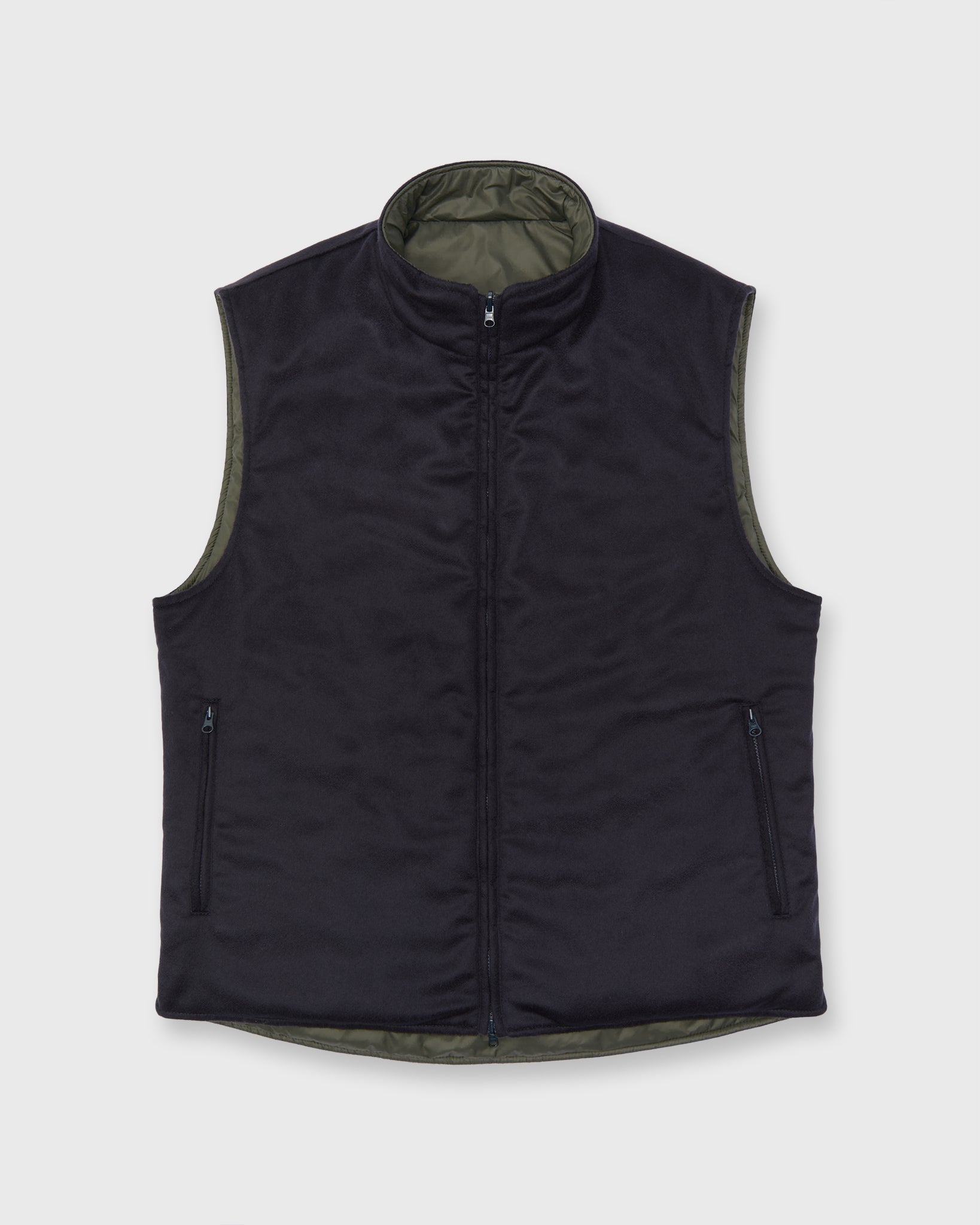 Reversible Cashpad Zip Vest in Olive Nylon/Navy Cashmere Flannel
