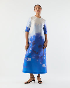 Paige Maxi Dress in Blue Watercolor Printed Mikado
