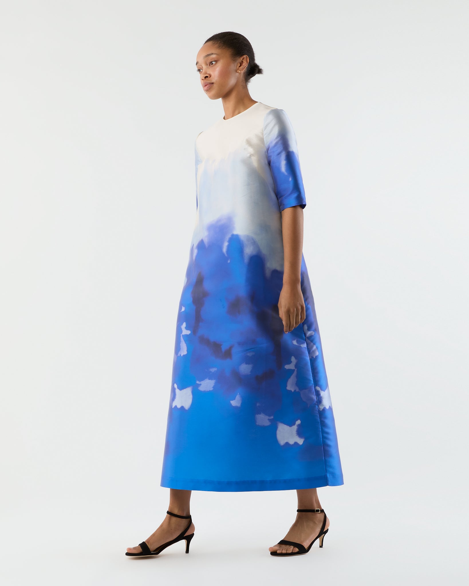 Paige Maxi Dress in Blue Watercolor Printed Mikado