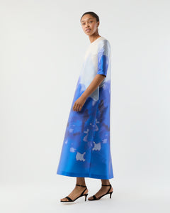 Paige Maxi Dress in Blue Watercolor Printed Mikado