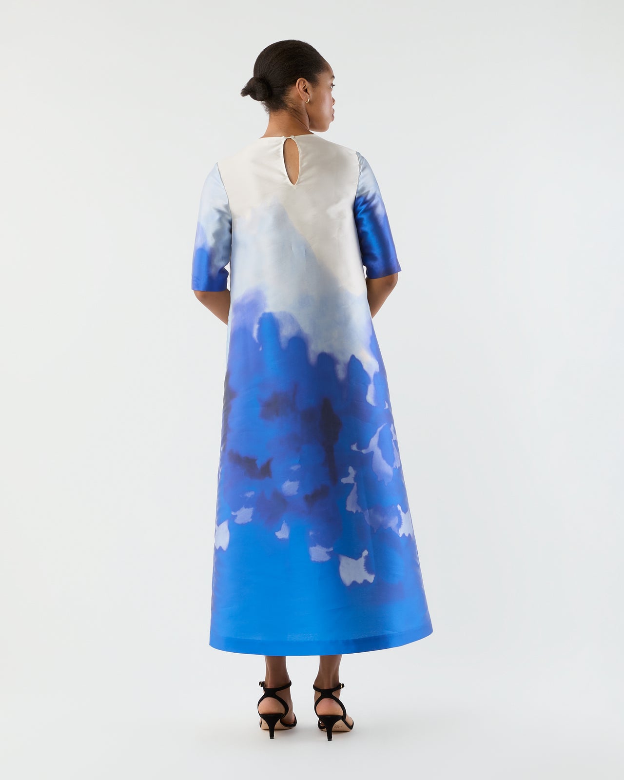 Paige Maxi Dress in Blue Watercolor Printed Mikado