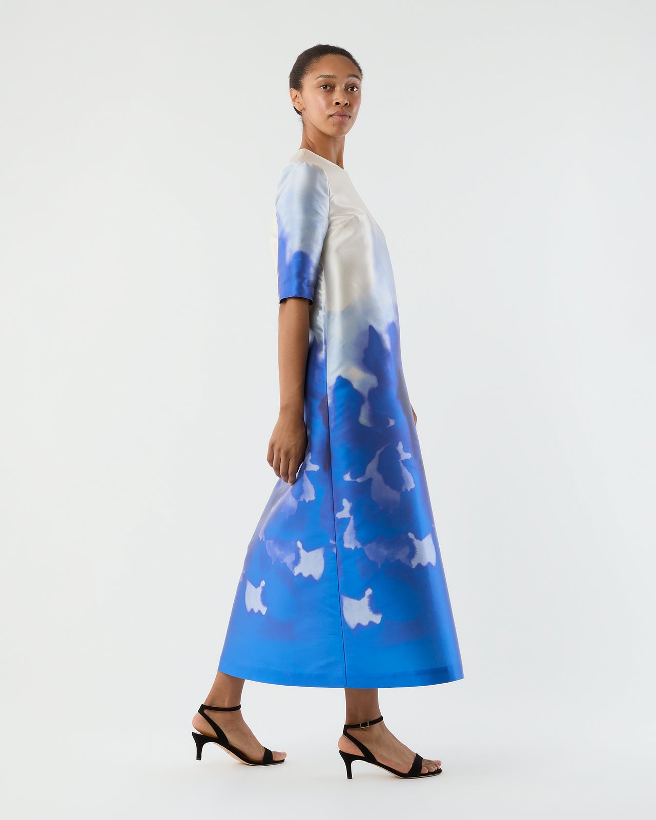 Paige Maxi Dress in Blue Watercolor Printed Mikado