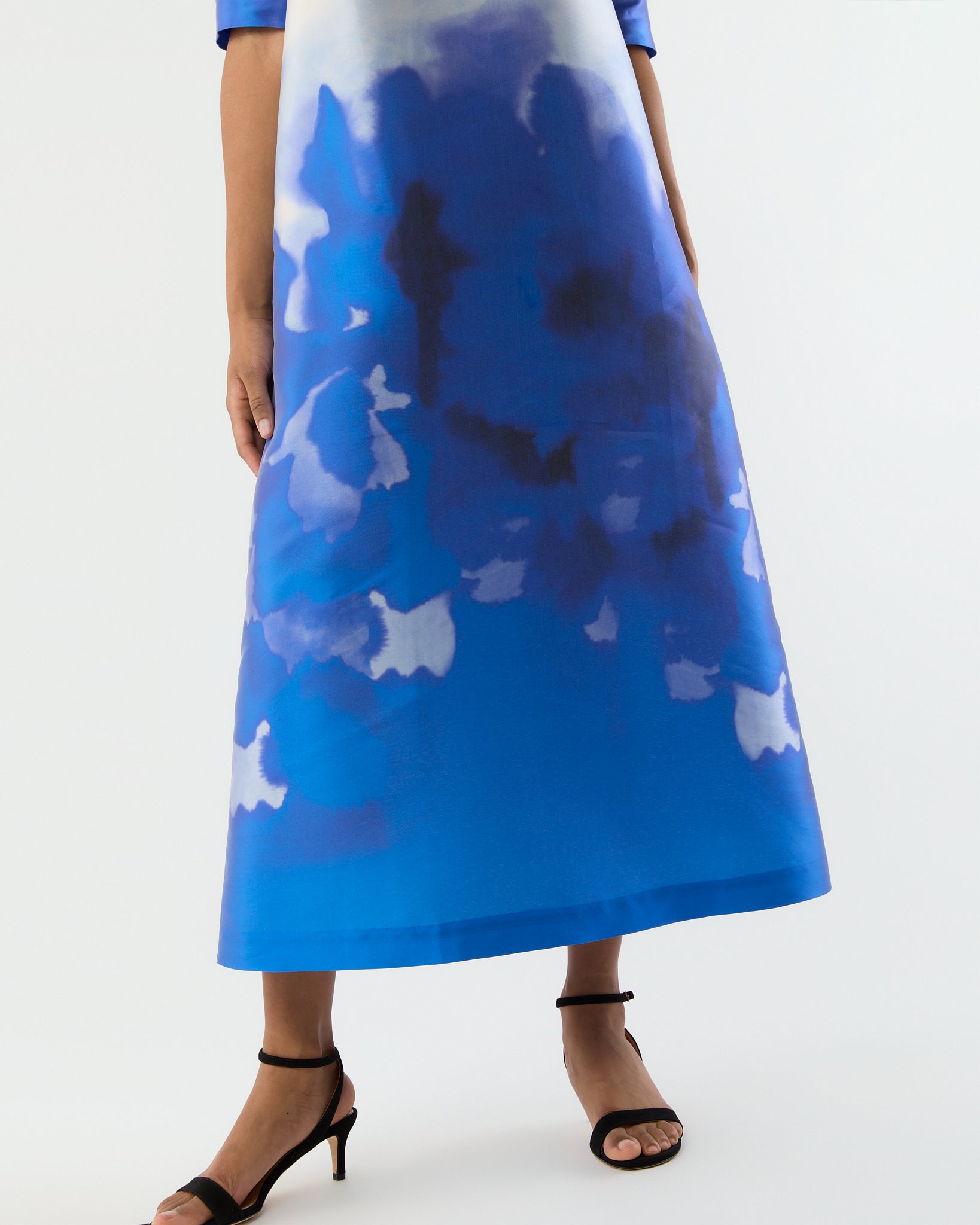 Paige Maxi Dress in Blue Watercolor Printed Mikado