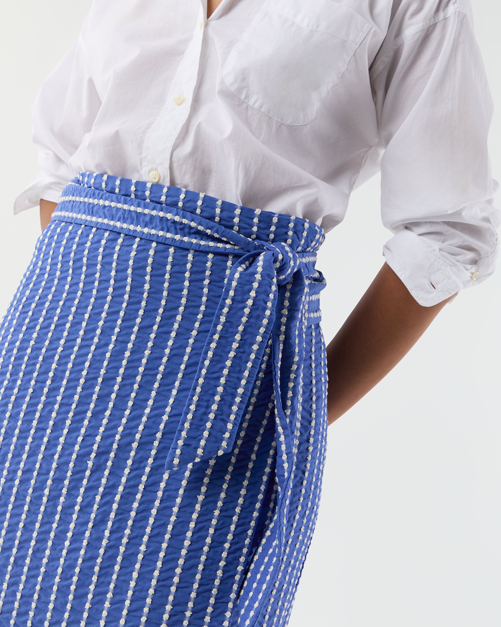 Kara Wrap Skirt in Blue/White Knotted Striped Jacquard