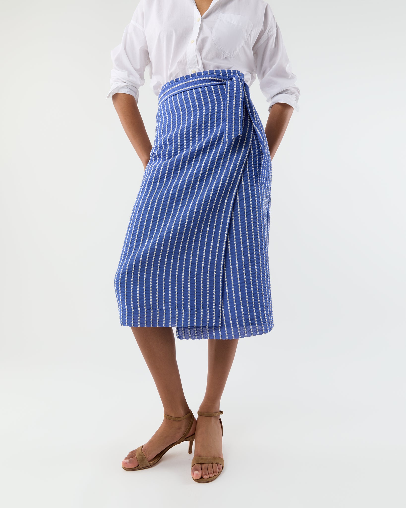 Kara Wrap Skirt in Blue/White Knotted Striped Jacquard