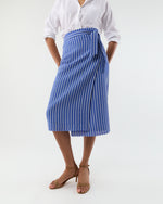 Load image into Gallery viewer, Kara Wrap Skirt in Blue/White Knotted Striped Jacquard
