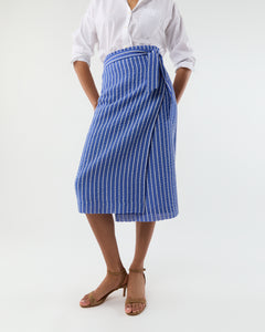 Kara Wrap Skirt in Blue/White Knotted Striped Jacquard