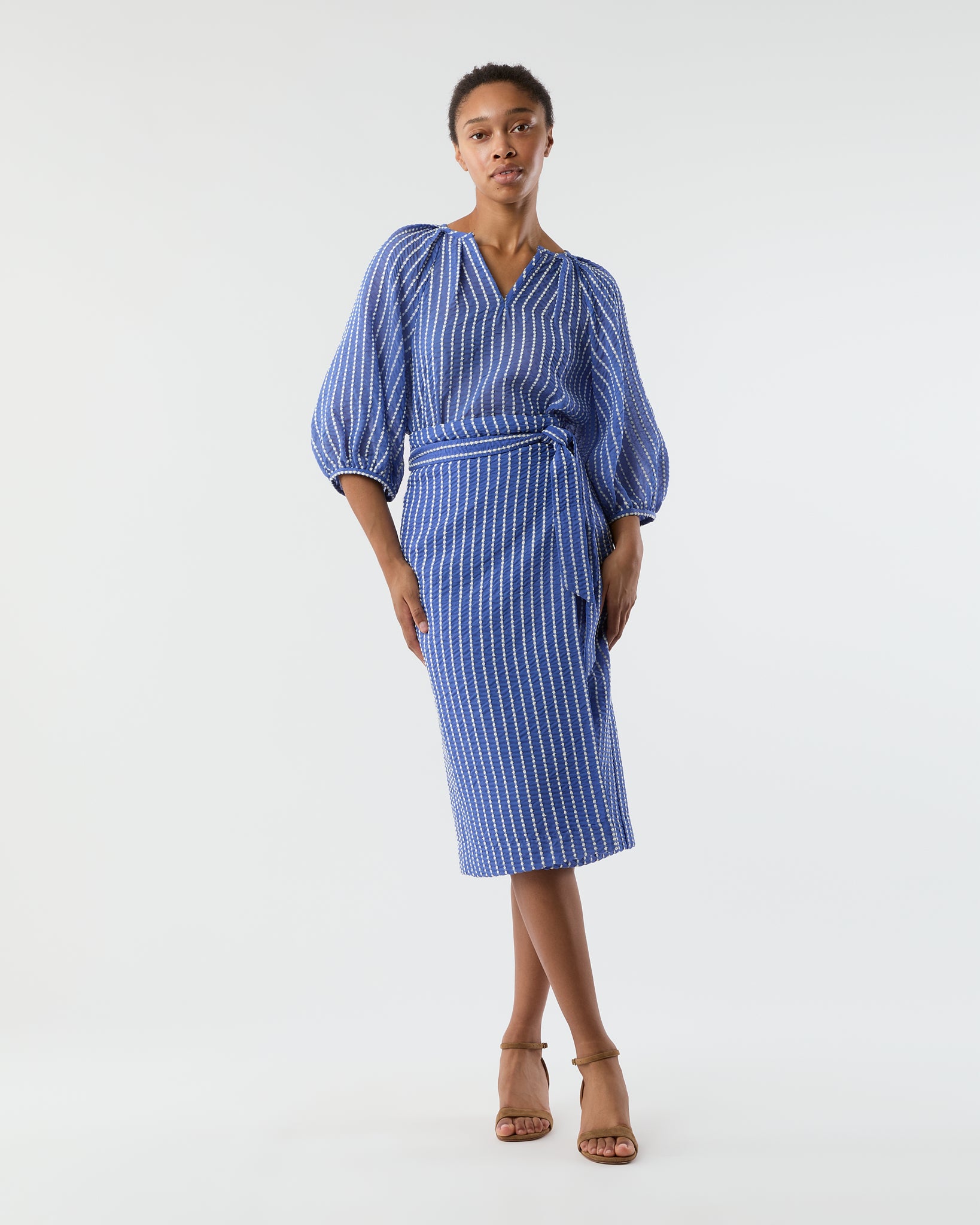 Victoria Blouse in Blue/White Knotted Striped Jacquard