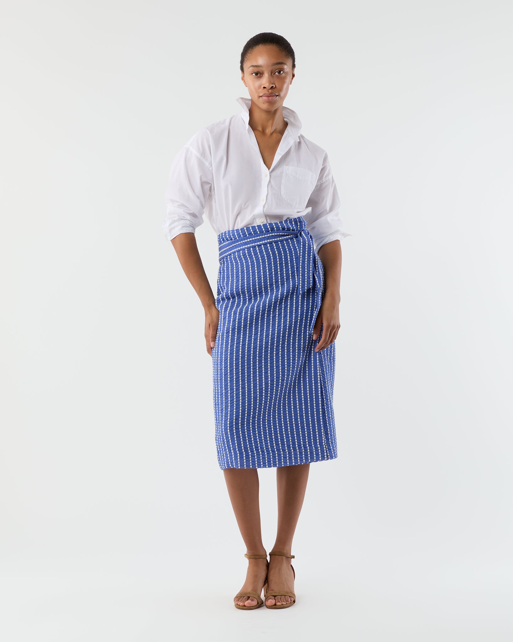 Kara Wrap Skirt in Blue/White Knotted Striped Jacquard