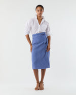 Load image into Gallery viewer, Kara Wrap Skirt in Blue/White Knotted Striped Jacquard
