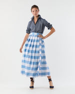 Load image into Gallery viewer, Pleated Wrap Midi Skirt in Periwinkle Large Gingham Silk Shantung
