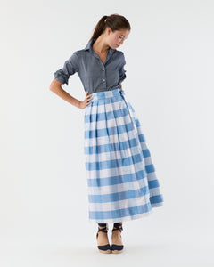 Pleated Wrap Midi Skirt in Periwinkle Large Gingham Silk Shantung
